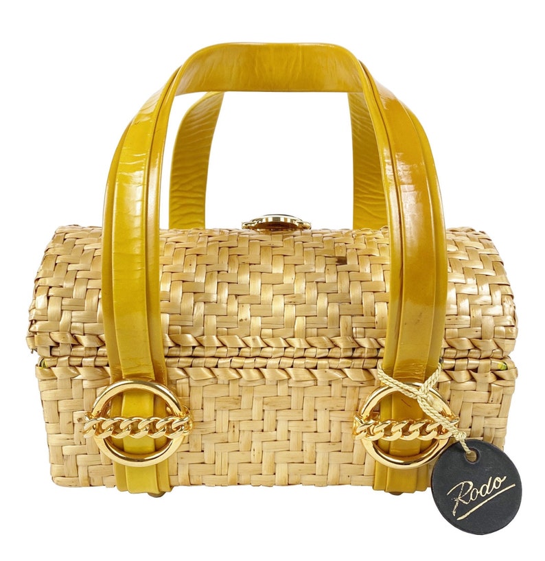 Rodo 1960s NWT Vintage Yellow Wicker Basket Top Handle Handbag