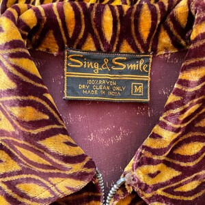 Sing & Smile 1970s Vintage Indian Rayon Velvet Zip-Up Collared Jacket Sz Xs S image 6