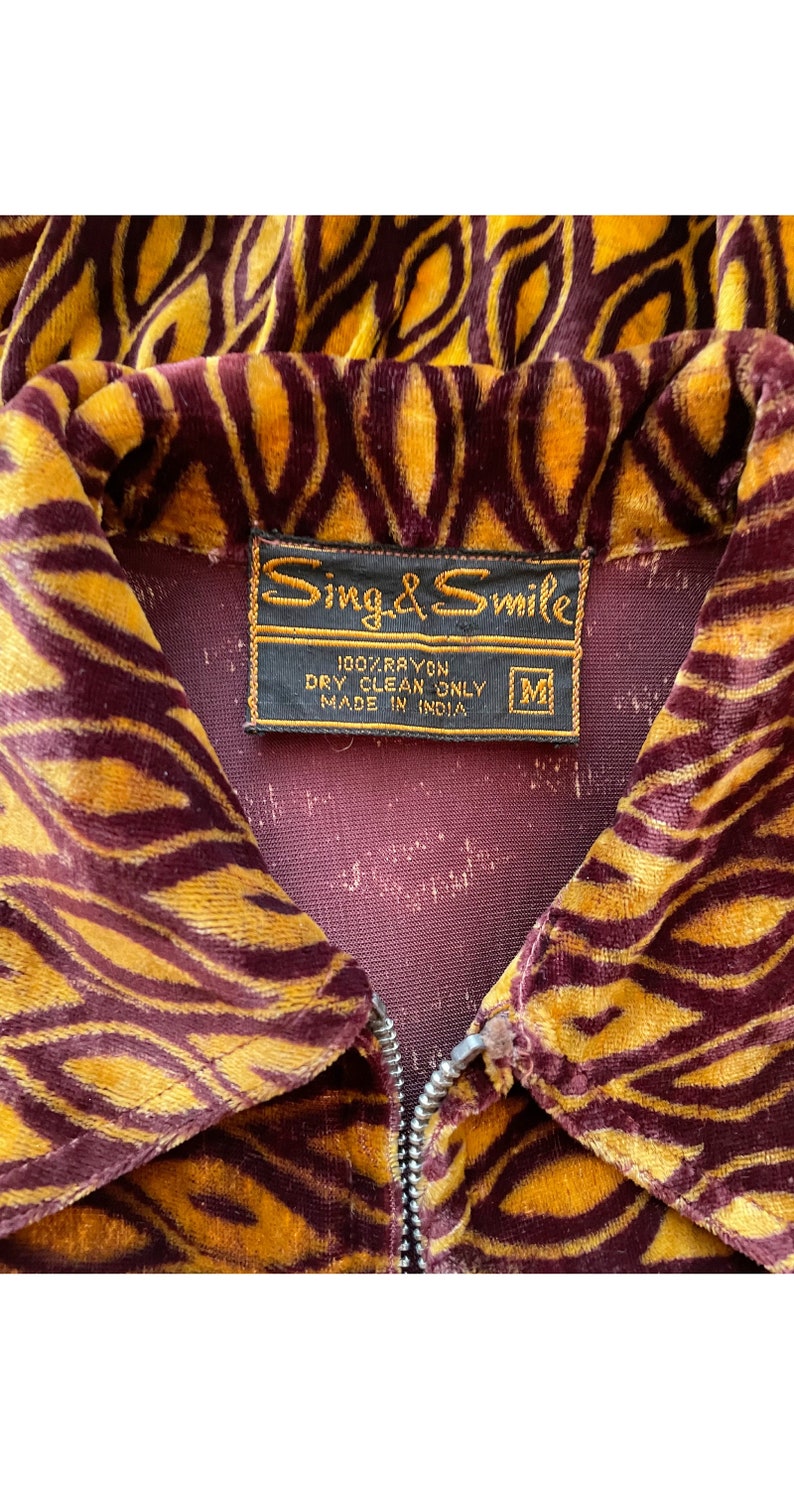 Sing & Smile 1970s Vintage Indian Rayon Velvet Zip-Up Collared Jacket Sz Xs S image 6