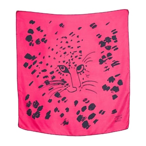 Jacques Heim 1950s Vintage Leopard Face Fuchsia Silk Twill Scarf