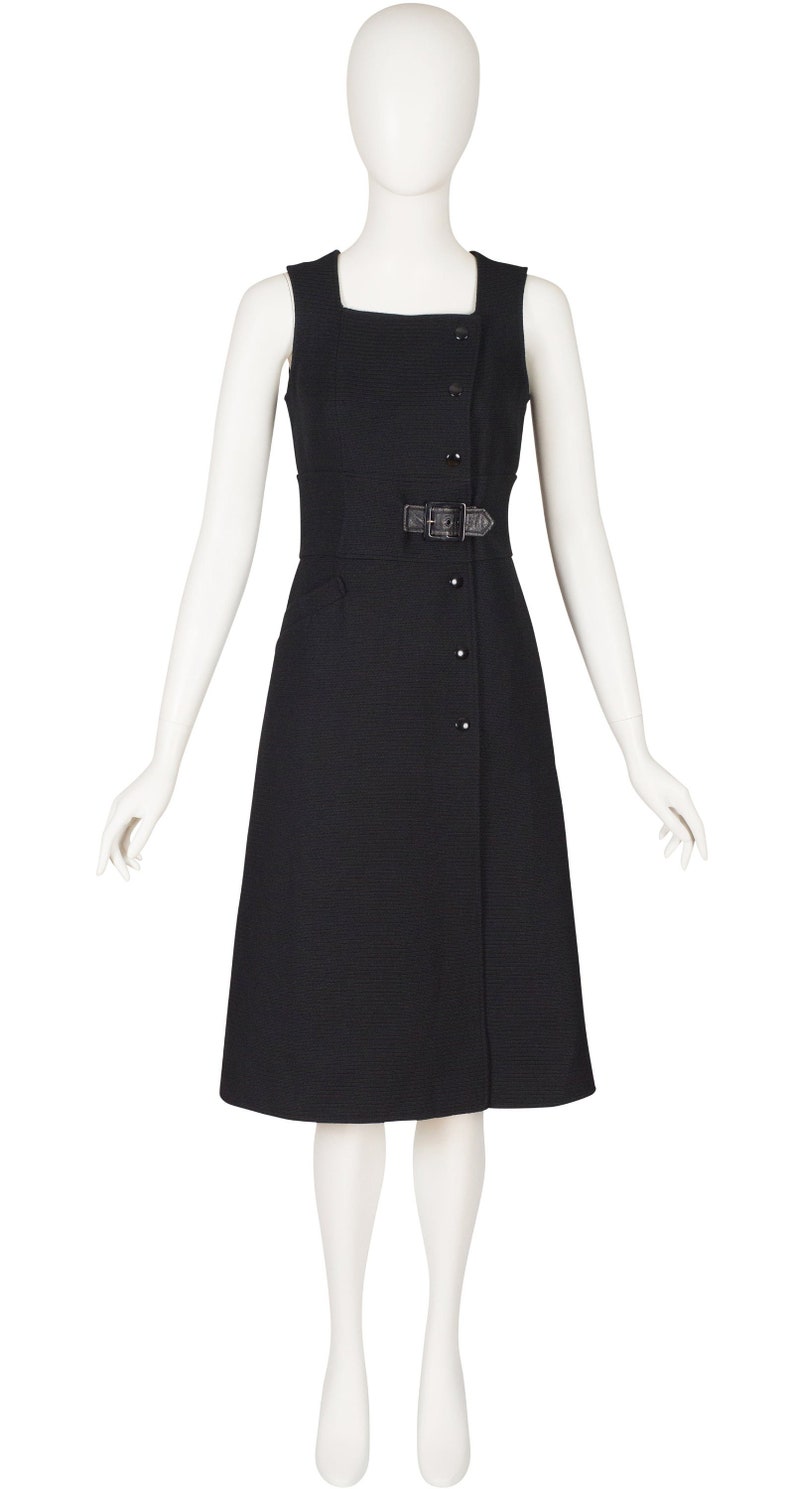 Courrèges 1970s Vintage Numbered Black Ribbed A-Line Midi Dress Sz XS S image 1