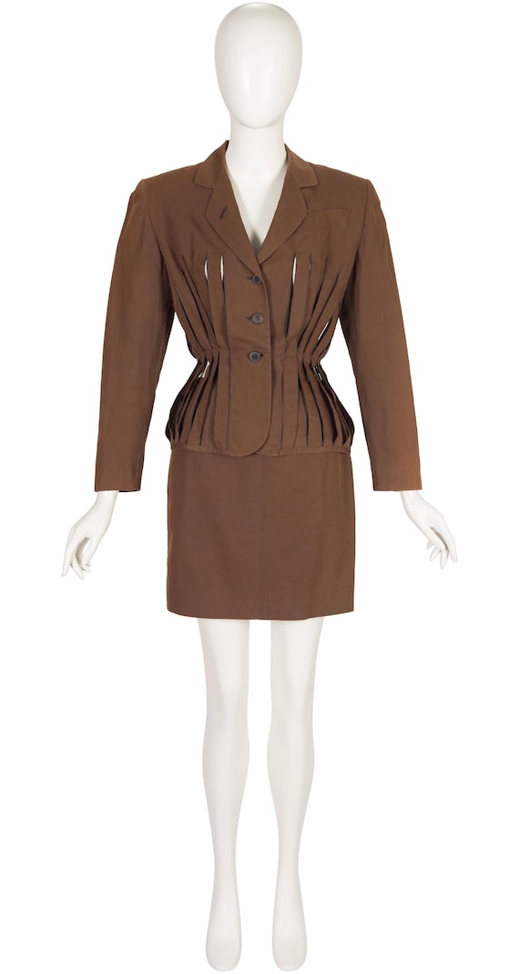 Jean Paul Gaultier, Jean-Paul Gaultier 1980s Carwash Brown Cotton Vintage Mini Skirt Suit Sz XS