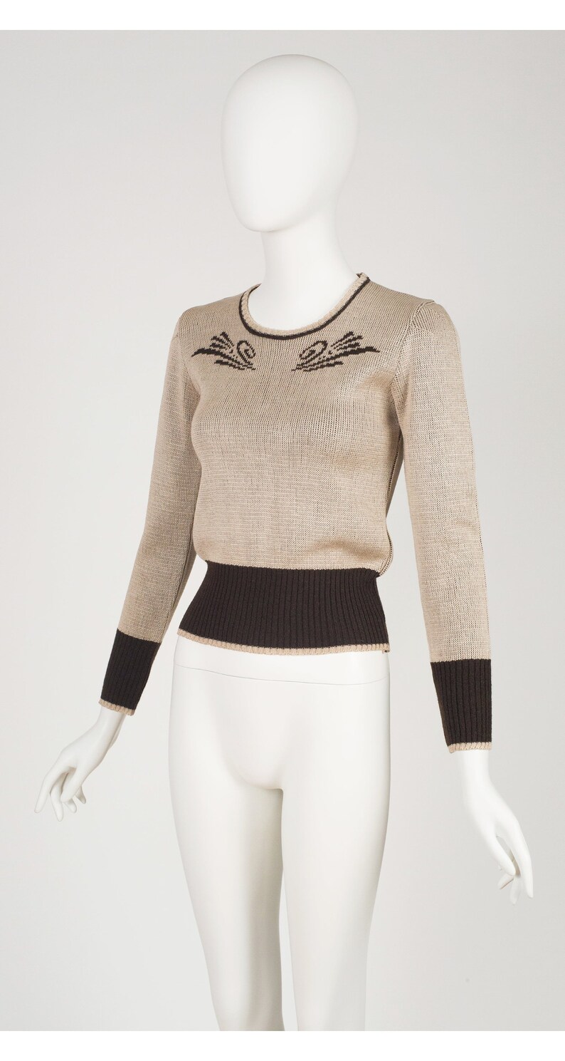 Jean Rychter pour Oré 1970s does 1930s Vintage Intarsia Brown Cardigan Sweater Set Sz Xs S image 4