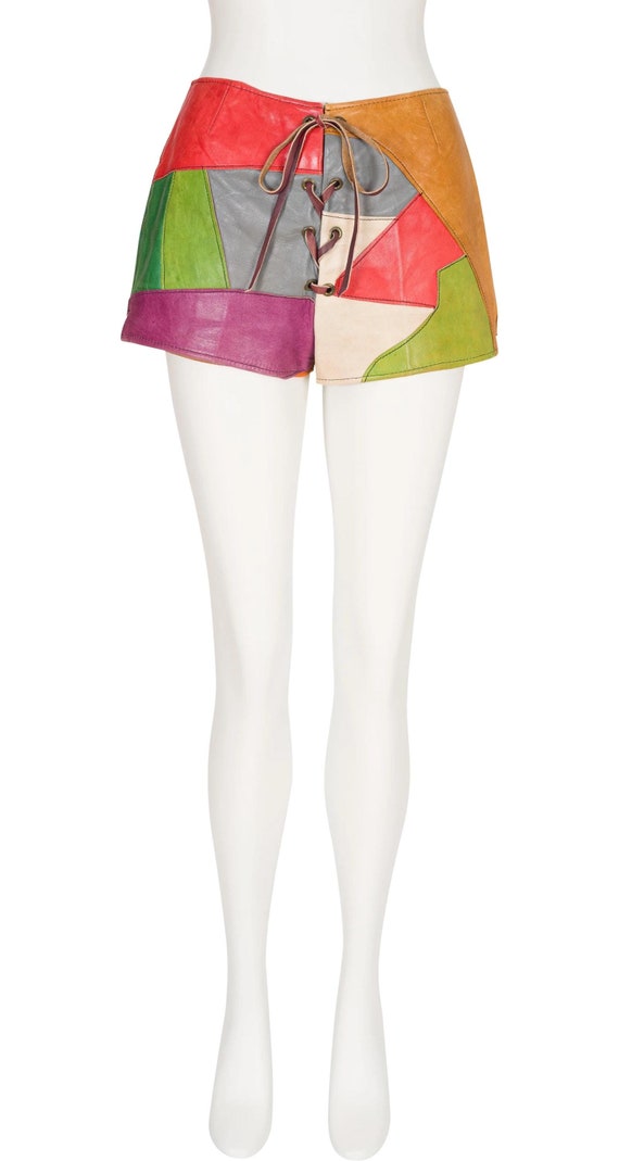 Shorty a lacets vintage color block en cuir patchwork Sz S Etsy France