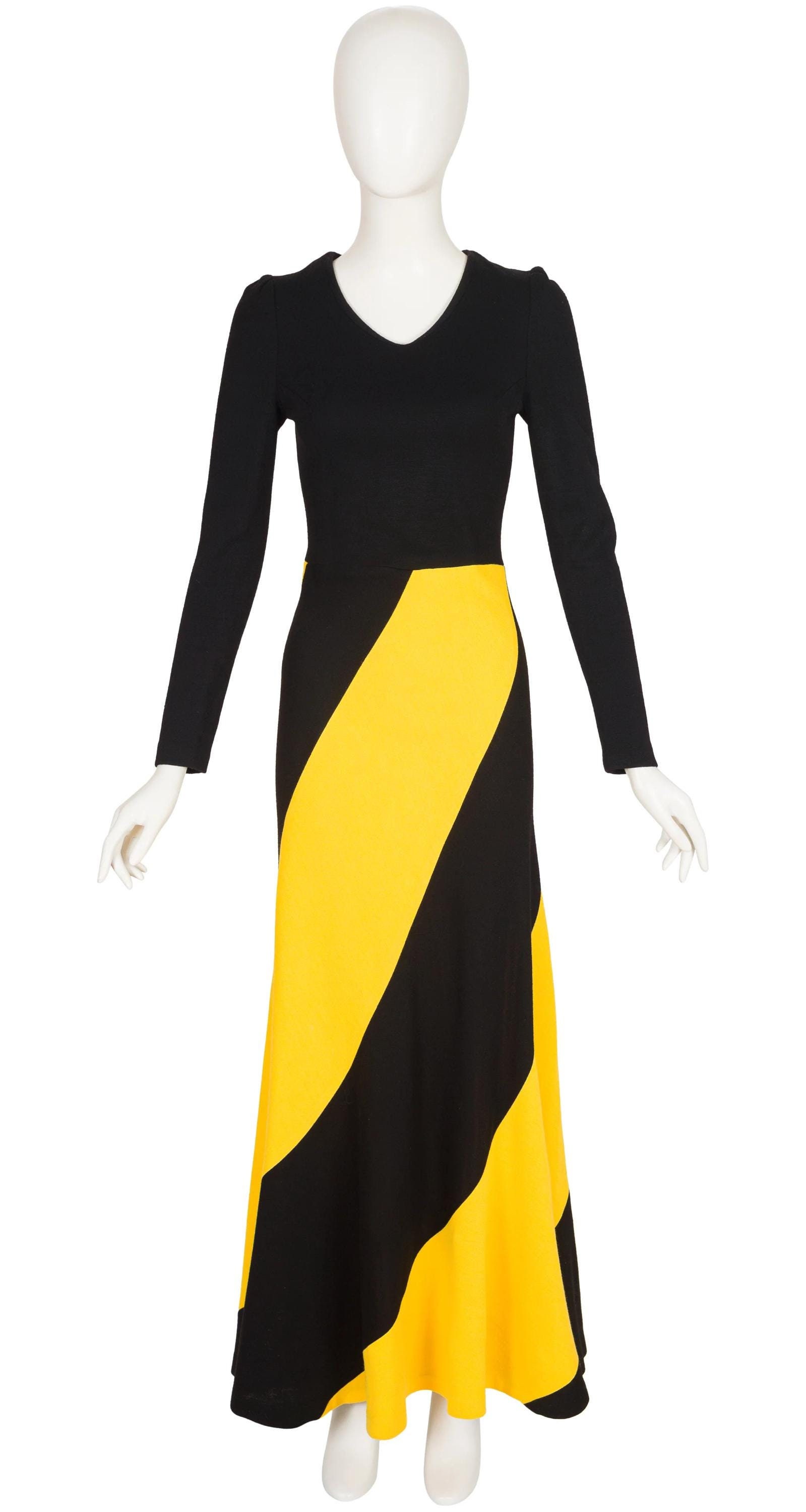Stirling Cooper 1971 Vintage Black & Yellow Diagonal Stripe Jersey Maxi Dress Sz XS