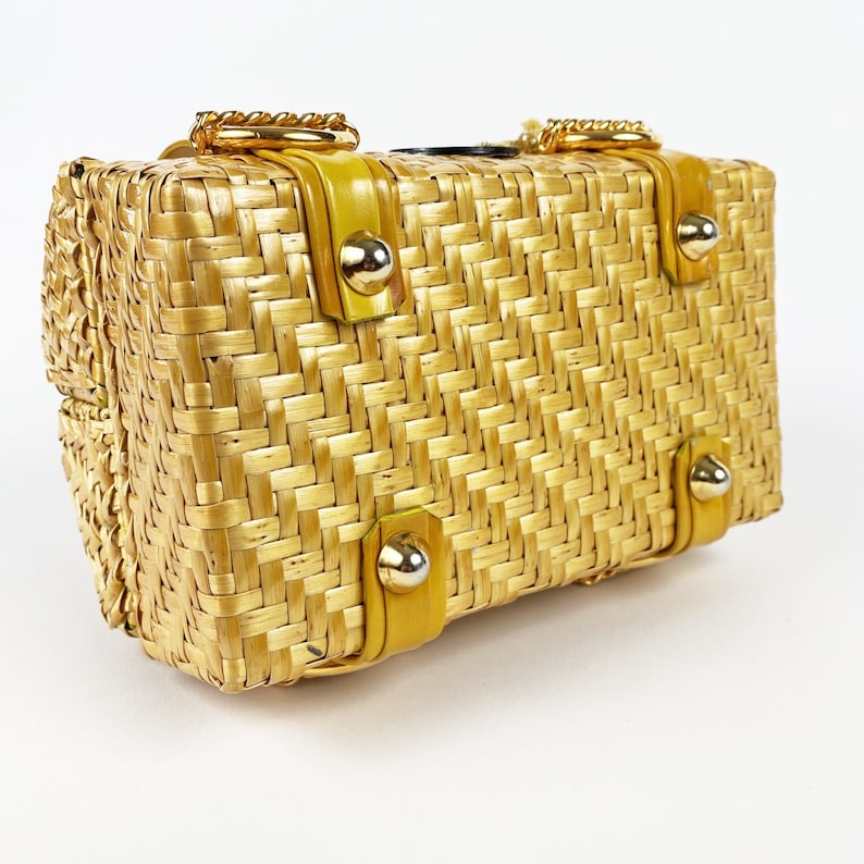 Rodo 1960s NWT Vintage Yellow Wicker Basket Top Handle Handbag
