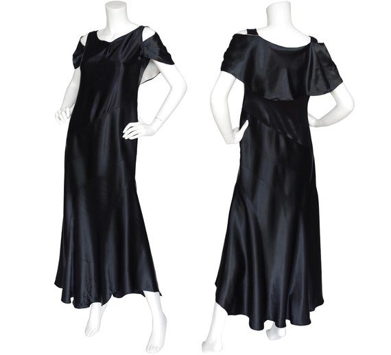 1930s Vintage Evening Dress / Black Silk Satin Cap