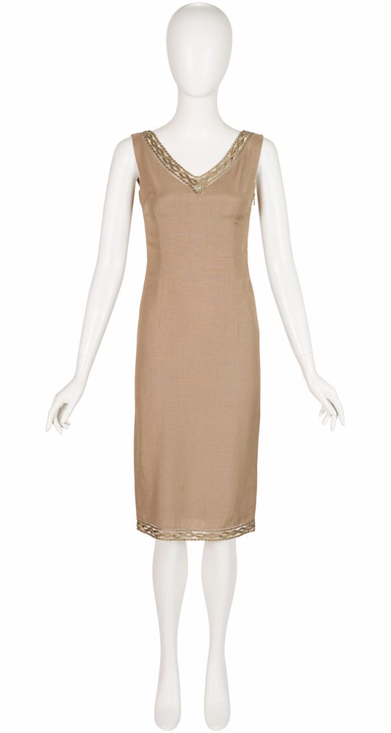 Christian Dior Monsieur, Christian Dior by John Galliano 2000 S/S Beige Soutache Trim Vintage Sheath Dress Sz XS