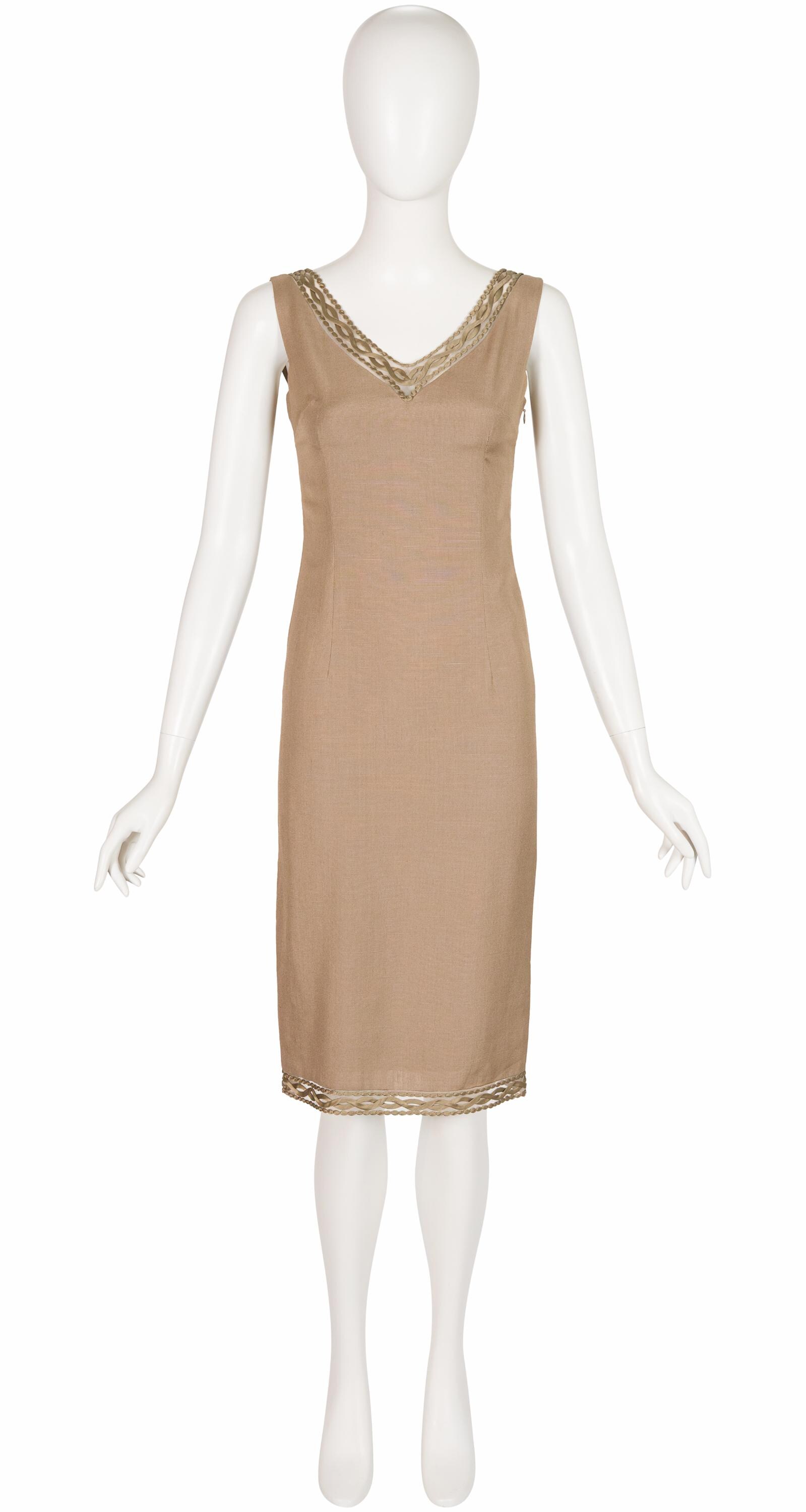 Christian Dior Monsieur, Christian Dior by John Galliano 2000 S/S Beige Soutache Trim Vintage Sheath Dress Sz XS