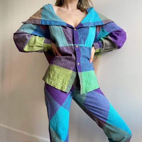Kansai Yamamoto, Kansai Yamamoto 1980s Vintage Plaid Cotton Box-Cut Top & Pants Set Sz XS