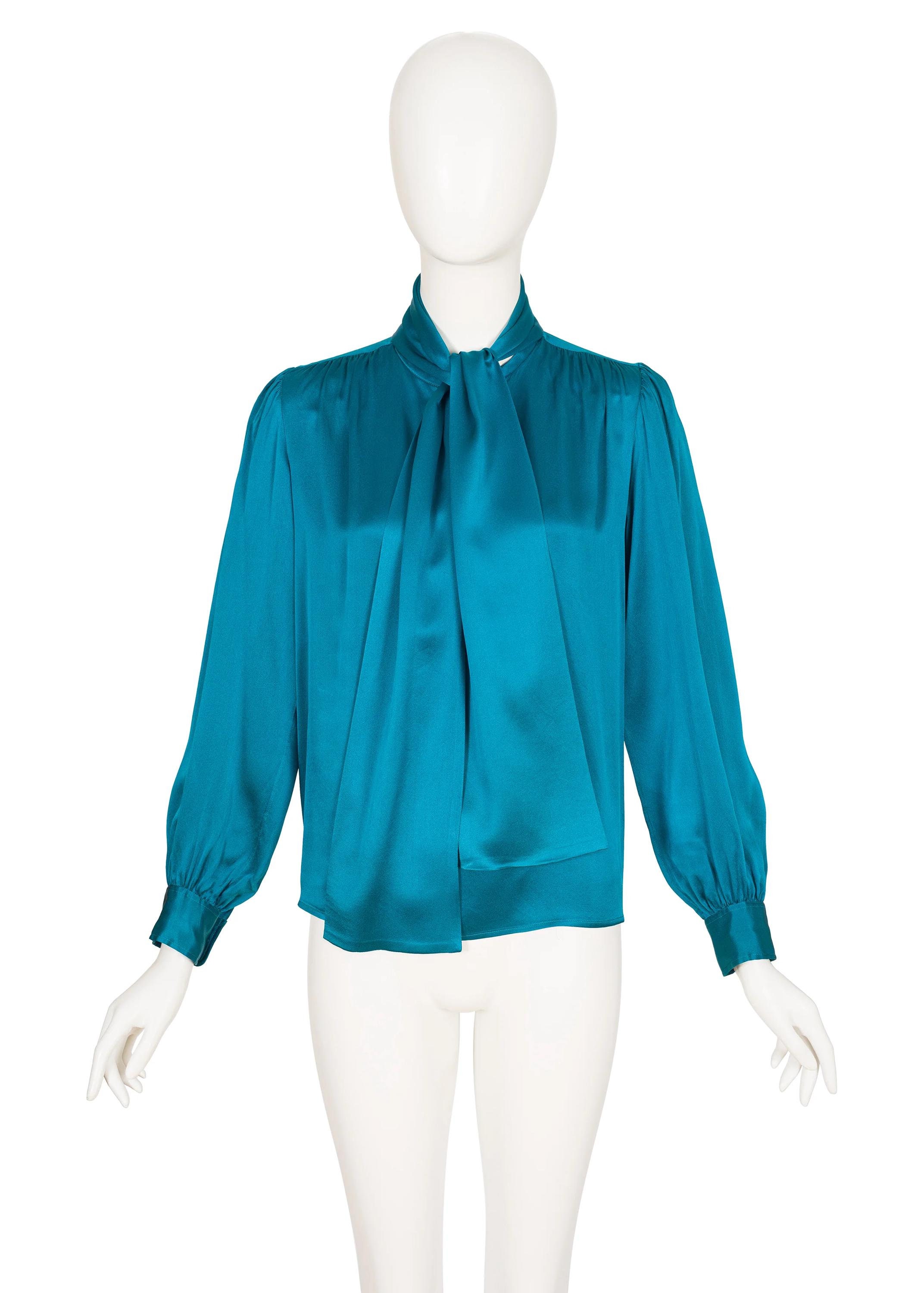 Yves Saint Laurent 1980s Vintage Teal Silk Tie-neck Long Sleeve