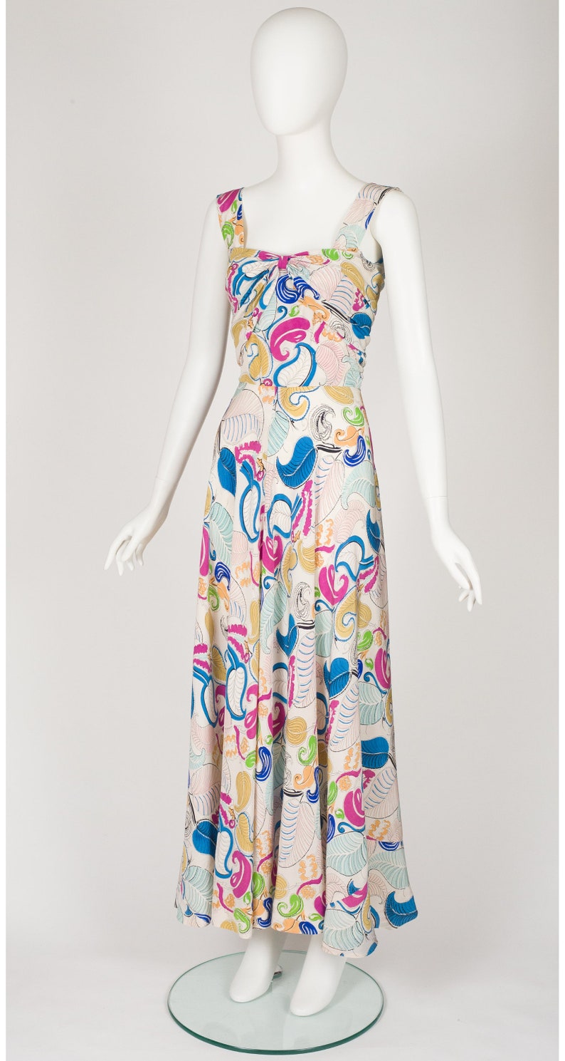 1930s Vintage Feather Plume Novelty Print Silk Evening Gown Sz XS image 5