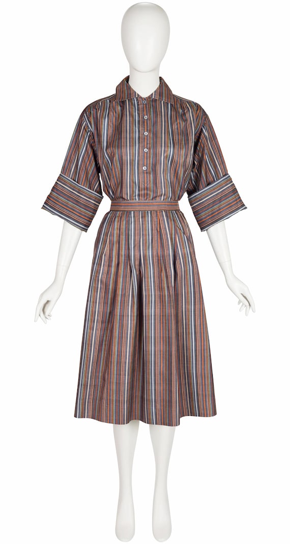 Yves Saint Laurent 1970s Vintage Striped Raw Silk Blouse Pleated