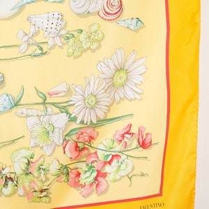 Valentino 1990s Vintage Seashell Floral Print Yellow Silk Signed Scarf image 3