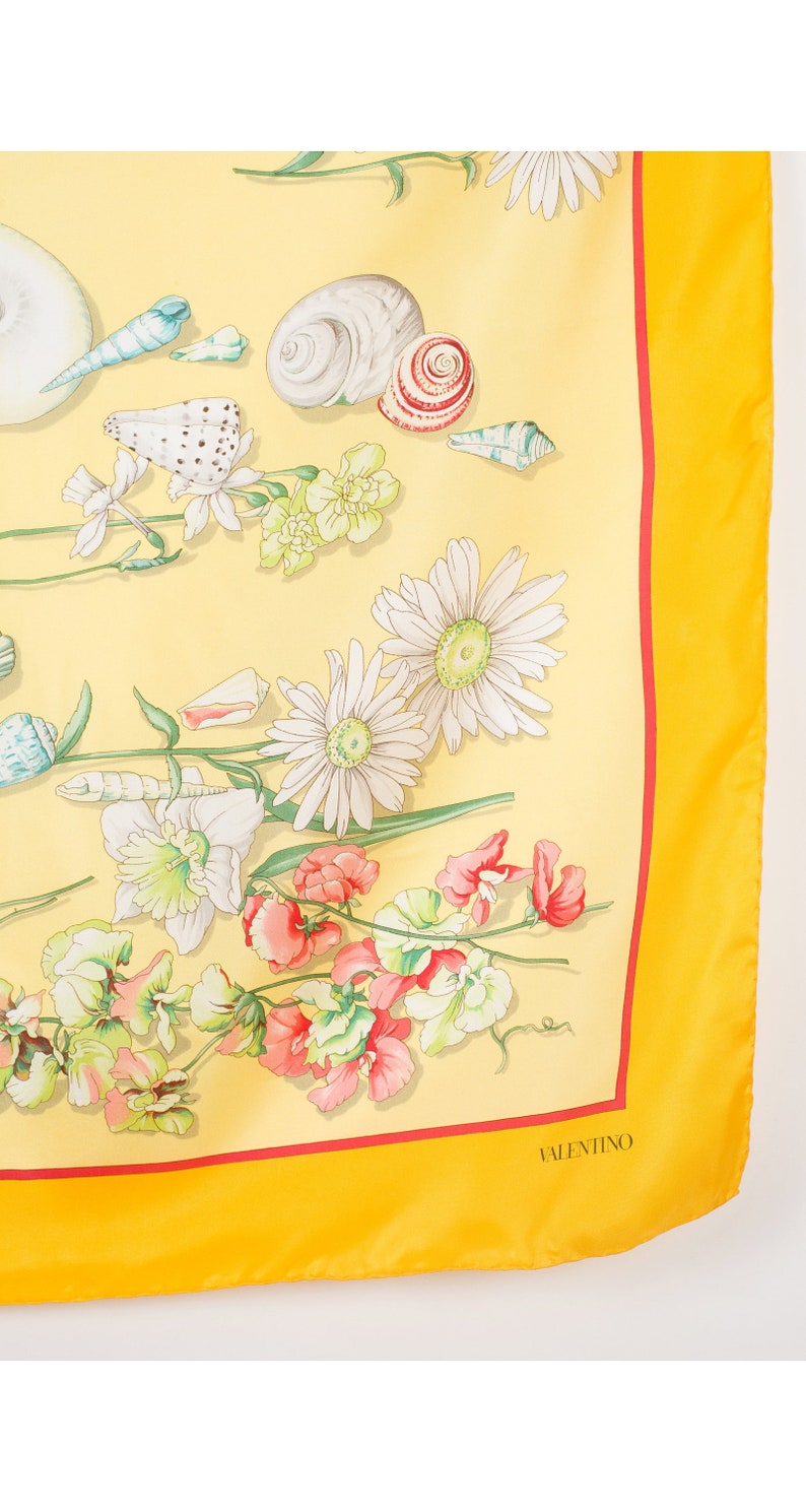 Valentino 1990s Vintage Seashell Floral Print Yellow Silk Signed Scarf image 3