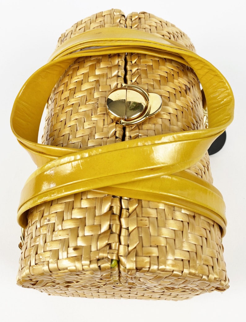 Rodo 1960s NWT Vintage Yellow Wicker Basket Top Handle Handbag