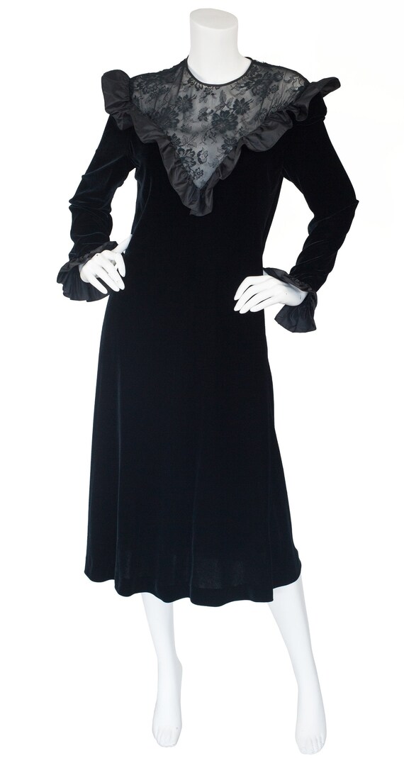 Hanae Mori 1980s Vintage Black Lace & Velvet Ruffl
