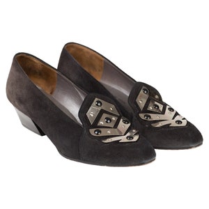 Charles Jourdan 1970s Vintage Space Age Silver Plated Black Suede Pumps