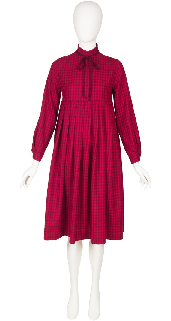 Guy Laroche 1980s Vintage Red Plaid Wool Empire Waist Pleated Dress Sz S