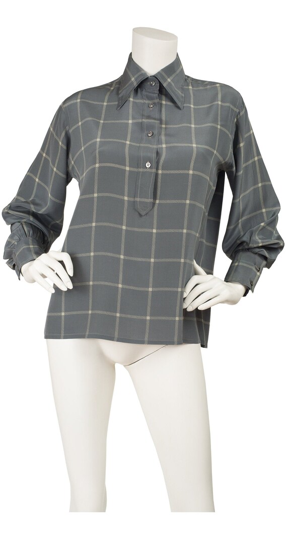 Valentino 1970s Vintage Plaid Slate Gray Silk Ball