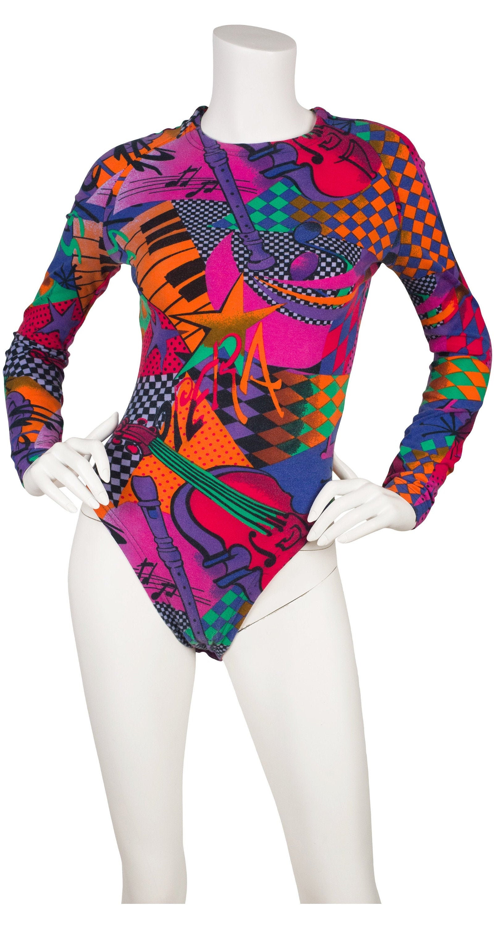 Gianni Versace Versus 1990s Vintage Opera Print Cotton Long Sleeve Bodysuit  