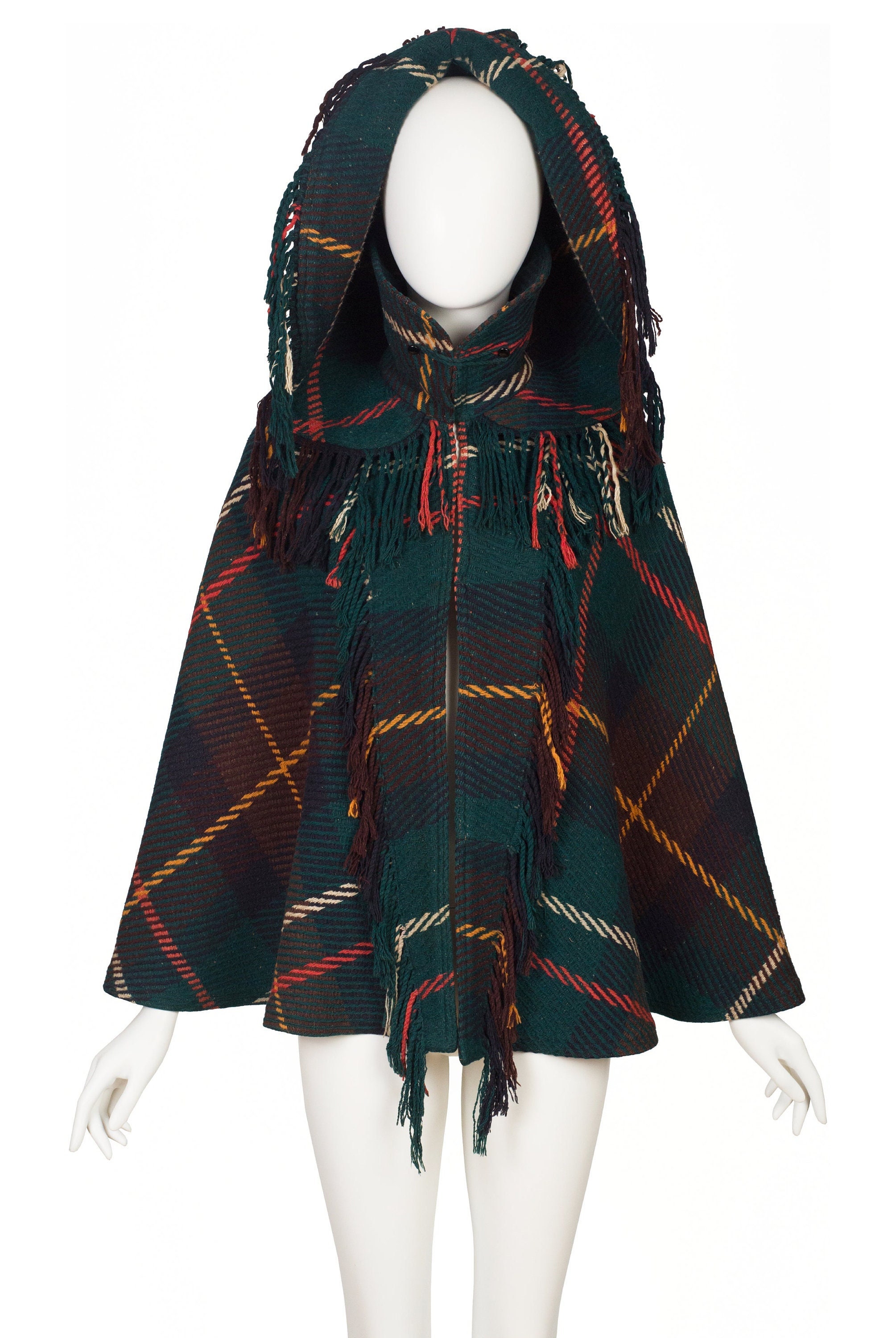 1890s Victorian Antique Documented Plaid Wool Fringe Hooded Golf Cape