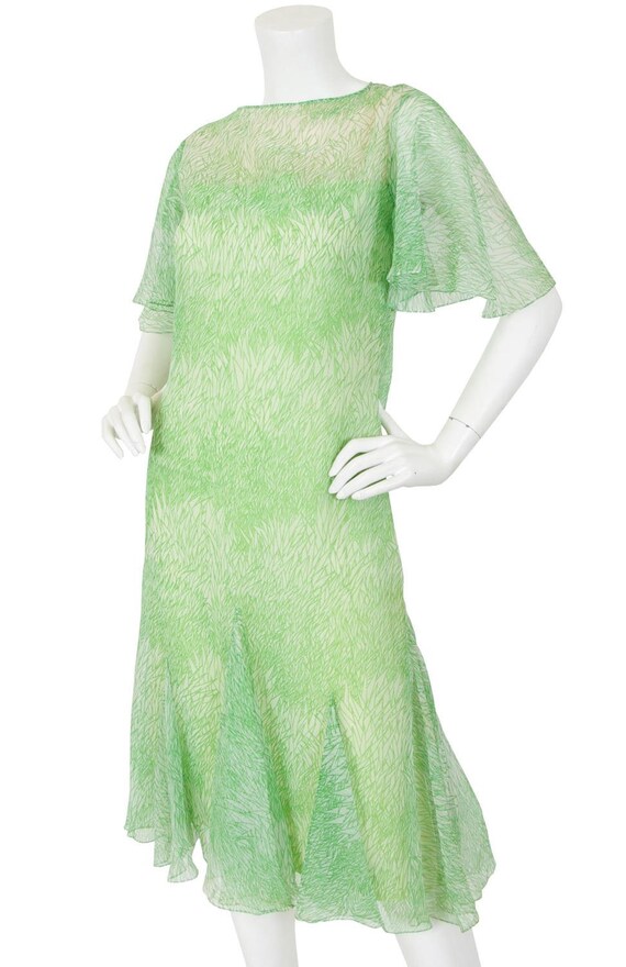 Travilla 1970s Vintage Green Grass Print Flutter S