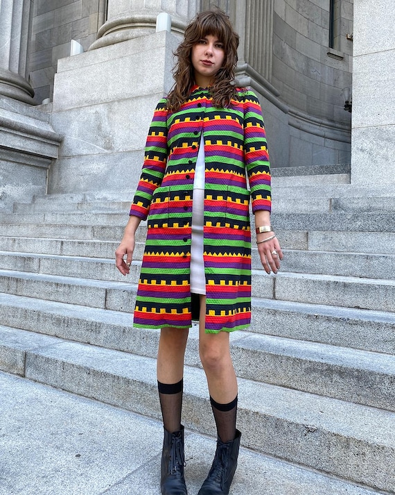 Lanvin 1970s Vintage Geometric Print Pique Cotton Collared Coat Sz XS