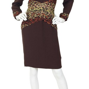 Jean-Louis Scherrer 1980s Vintage Leopard Print Dress Sz S / Designer Silk Chifon & Brown Crepe image 3