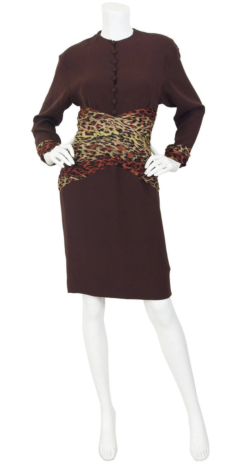 Jean-Louis Scherrer 1980s Vintage Leopard Print Dress Sz S / Designer Silk Chifon & Brown Crepe image 3