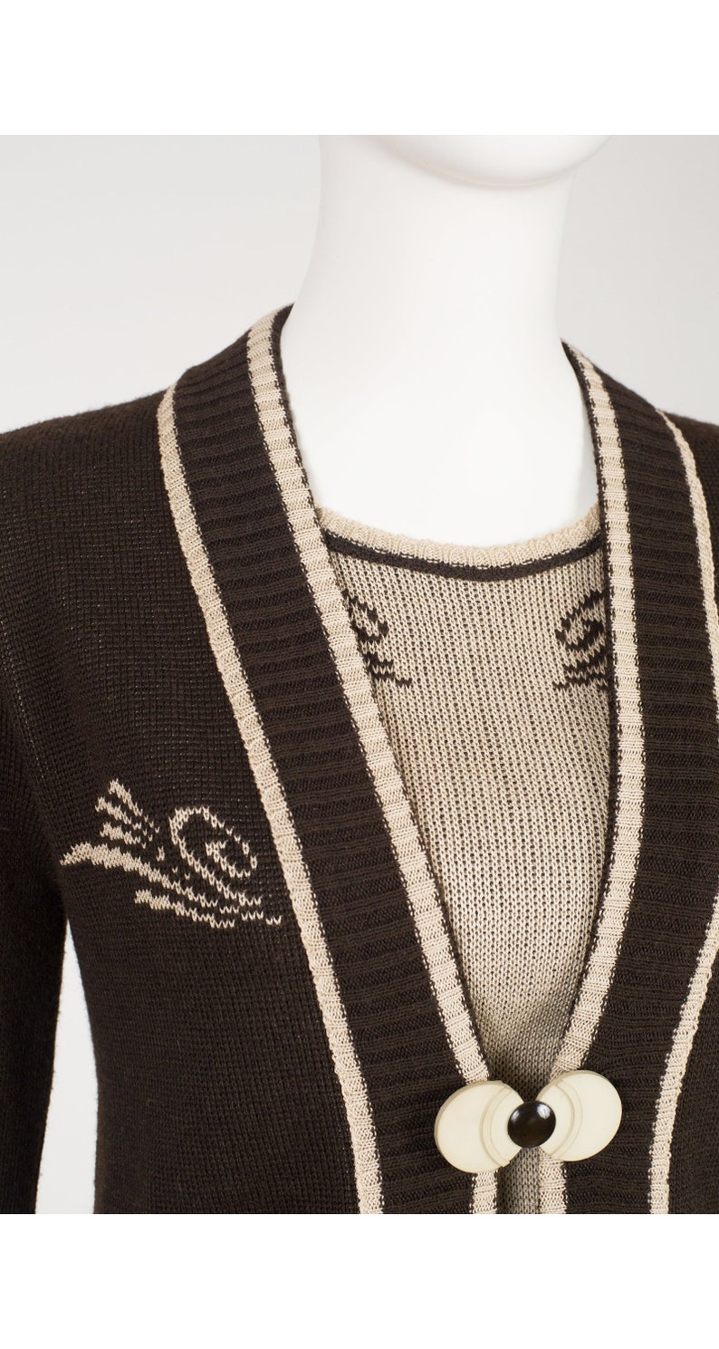 Jean Rychter pour Oré 1970s does 1930s Vintage Intarsia Brown Cardigan Sweater Set Sz Xs S image 3