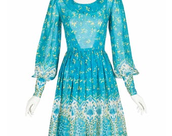 Tiziani 1960s Vintage Floral Blue Cotton Voile Balloon Sleeve Dress Sz XS