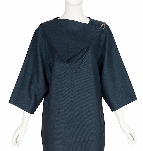 Anne-Marie Beretta 1980s Vintage Teal Wool Handkerchief Neck Sack Dress