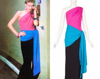 Yves Saint Laurent 1985 S/S Vintage Color-Block Silk One-Shoulder Evening Gown Sz S M