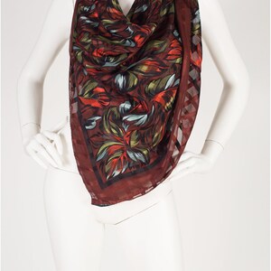 Lanvin 1980s Vintage Brown Leaf Print Silk Chiffon Shawl image 4