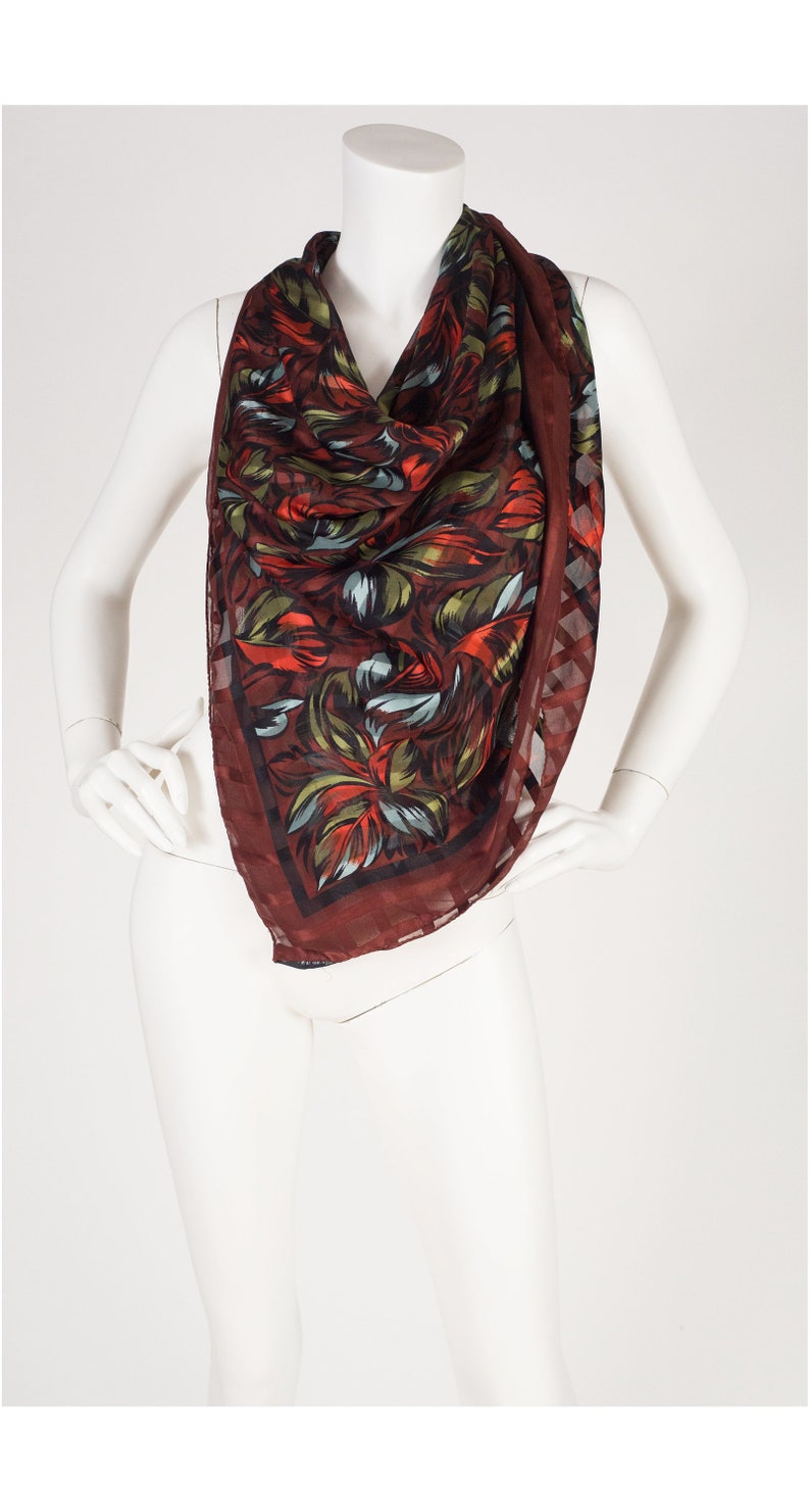 Lanvin 1980s Vintage Brown Leaf Print Silk Chiffon Shawl image 4