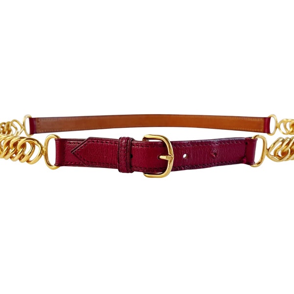 Hermès 1975 Vintage Burgundy Leather Chain Link Thin Belt Sz XS S