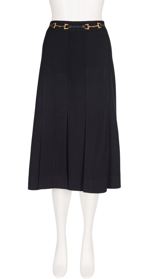 Celine, Céline 1980s Horsebit Black Wool Gabardine Vintage Pleated Skirt Sz M L
