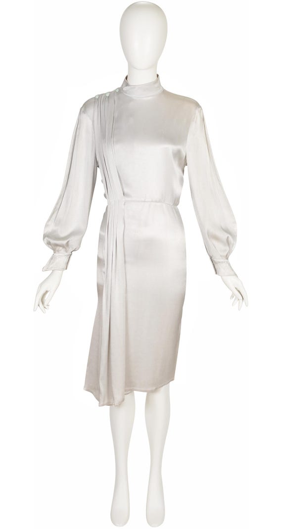 thierry mugler silver dress Thierry Mugler 1986-87 F/W Silver Liquid Satin Vintage Balloon Sleeve Sash  Dress Sz XS