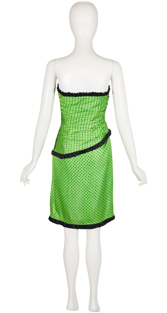 Escada 1989 F/W Polka Dot Lurex Green Silk Vintage Bustier Cocktail Dress Sz S