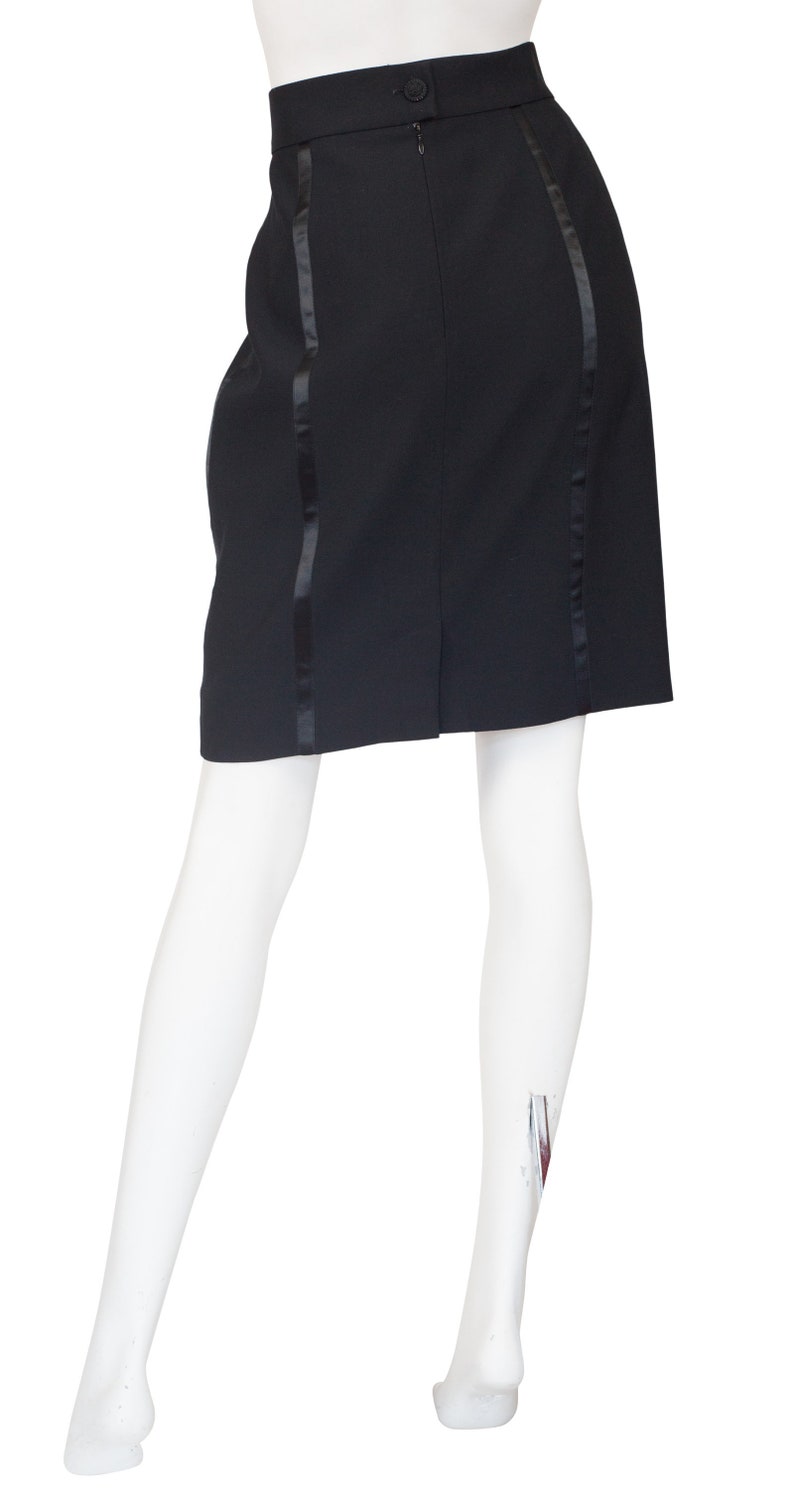 Guy Laroche Couture 1990s Vintage Black Satin Tuxedo Stripe Wool Pencil Skirt Sz M L image 1
