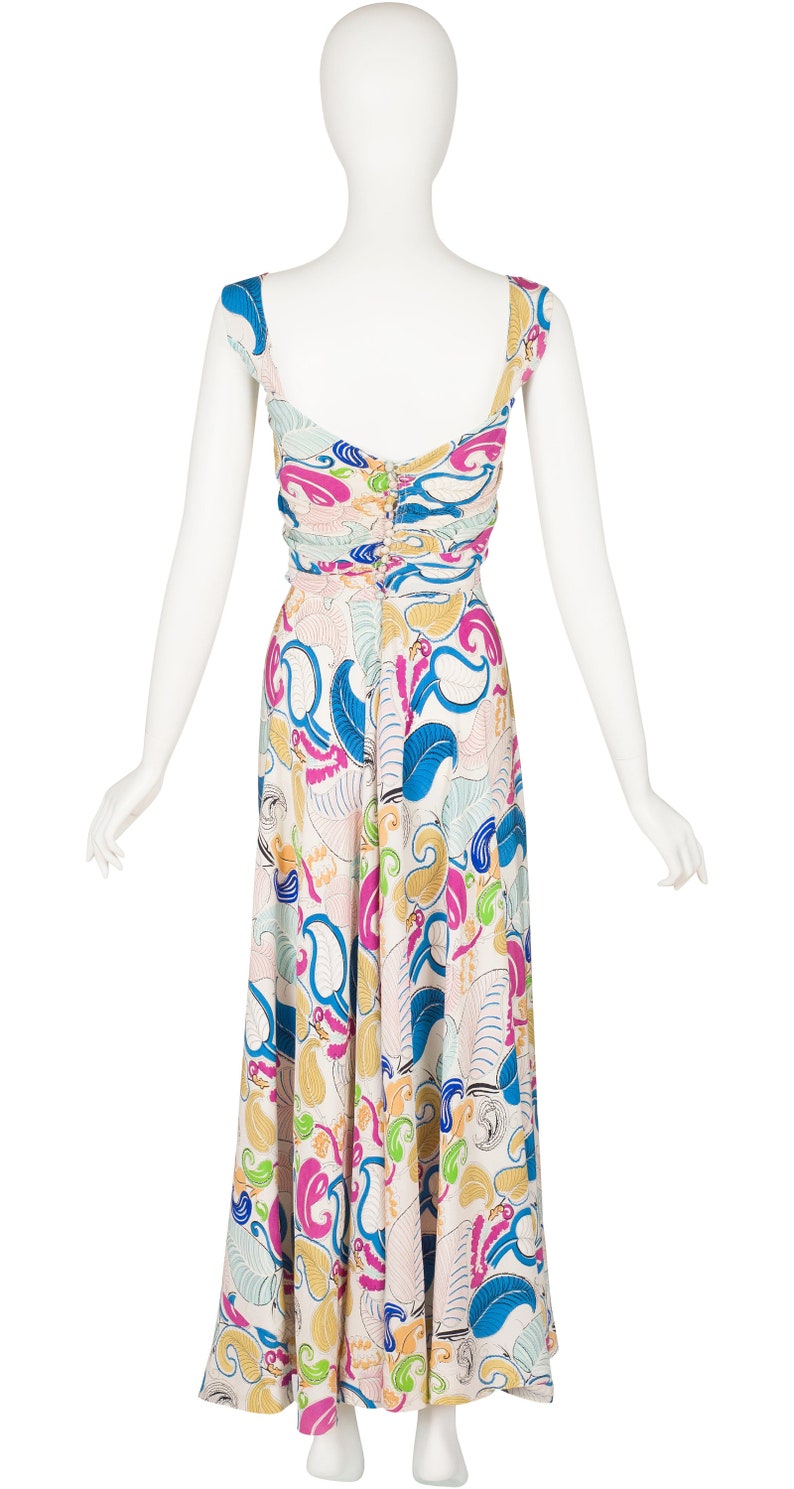 1930s Vintage Feather Plume Novelty Print Silk Evening Gown Sz XS image 2