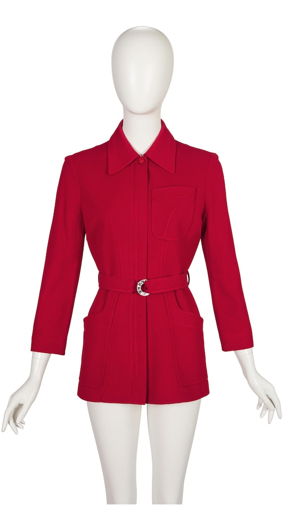 Mugler, Thierry Mugler 1990s Red Rayon "Mugler"-Buckle Vintage Belted Jacket Sz XS S