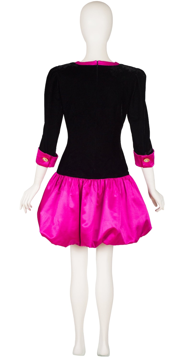 Escada 1990s Vintage Black Velvet & Hot Pink Silk Satin Bubble Cocktail Dress Sz S image 2