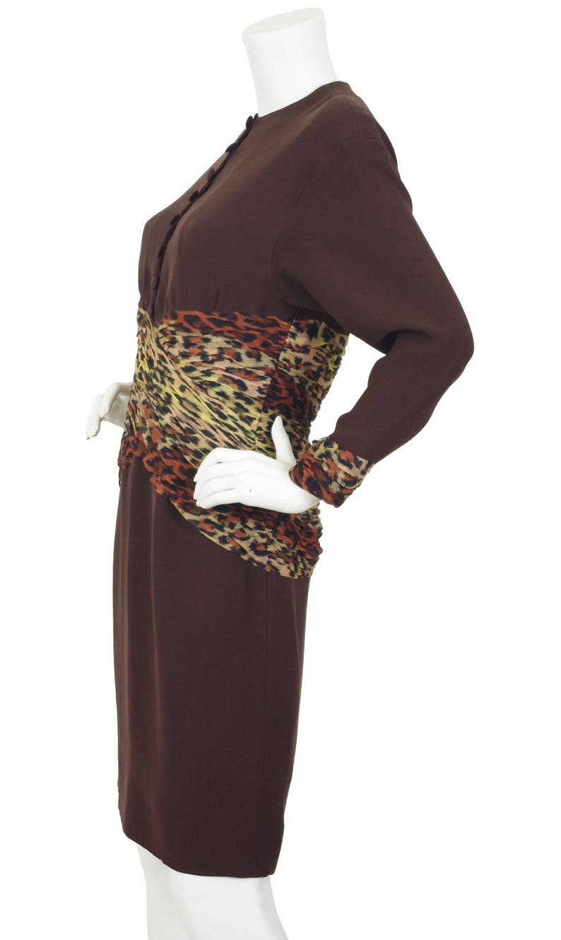 Jean-Louis Scherrer 1980s Vintage Leopard Print Dress Sz S / Designer Silk Chifon & Brown Crepe image 4