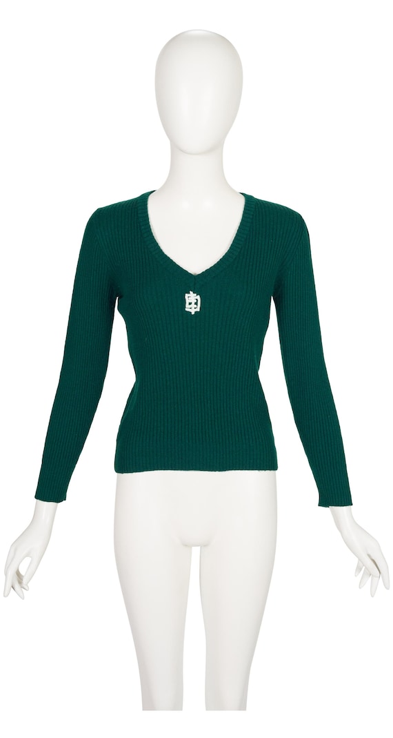 Emilio Pucci, Emilio Pucci 1970s Logo Dark Green Ribbed Wool Vintage V-Neck Sweater Sz S
