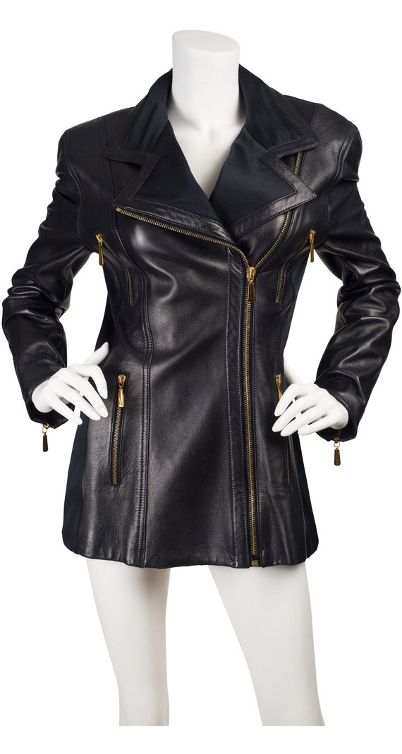 Escada 1990s Vintage Black Leather Motorcycle Jac… - image 1