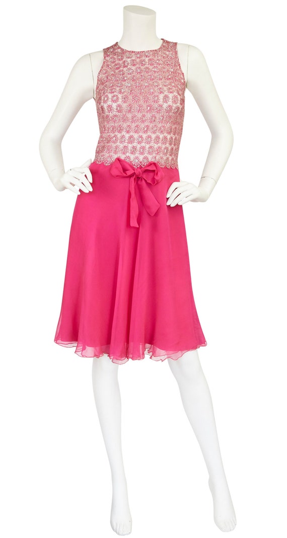 1960s Vintage French Silver Lamé & Hot Pink Silk … - image 1