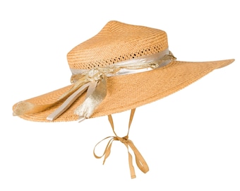 Bloomingdale's 1980s Vintage Metallic Gold Band Straw Wide Brim Sun Hat