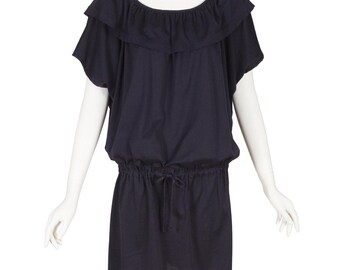 Kenzo 1982 S/S Vintage Navy Blue Cotton Jersey Ruffle Collar Blouson Dress Sz M